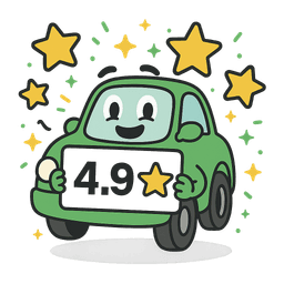 Proud car character holding 4.9 star rating sign showing trusted service